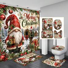 1pc/4pcs Christmas Vintage Faceless Gnome Multi-Function Bathroom Decor Shower Curtain Set, Free 12 Hooks, Premium Holiday Atmosphere, Bathroom Mat, U-Shaped Rug And Round Toilet Lid Cover, Suitable For All Christmas Scenes - Dwarf 8 - View 8