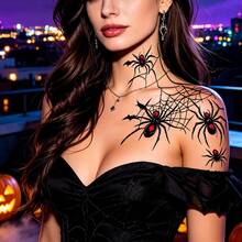 8 Sheets Halloween Spider Web Temporary Tattoo Stickers, Long-Lasting Easy To Apply And Remove, Self-Adhesive Red Black Spider Skull Gothic Face Body Decals For Cosplay Haunted House Carnival Decor - Black - View 8