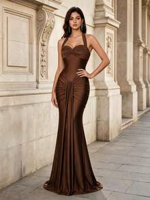 Gaun Malam Maxi Mermaid Bodycon Elastis Tinggi dengan Kerut Leher Sweetheart dan Tali Halter Elegan untuk Musim Gugur dan Dingin, Cocok untuk Pesta, Prom, Pernikahan dan Festival - Coffee Brown - View 1