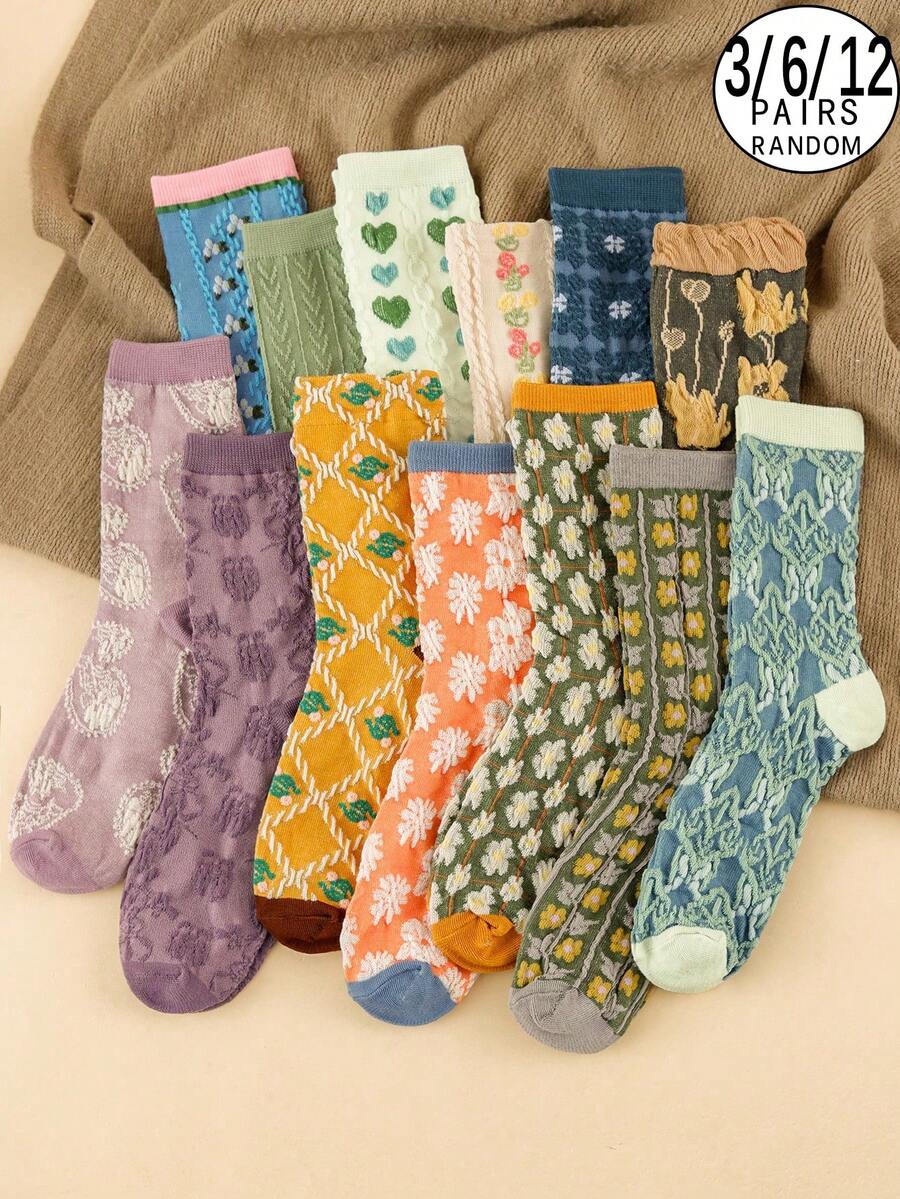 3/6/12 Pairs Random Style Women's Mid-Calf Socks, Vintage Morandi Embossed Jacquard Socks, Soft Comfortable Casual, Autumn/Winter Christmas Gift Socks - Multicolor - View 1