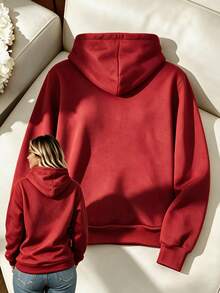 sudadera unicolor con capucha y diseño en los cordones ajustables  Liso    Casual    Bolsillo  Cordón    Colegio - rojo intenso - Ver 2