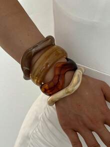 4pcs Multi-Layer Stackable Fashion Minimalist Elegant Exquisite Vintage Design Geometric Ribbon Wavy Texture Brown Resin Asymmetrical Marbled Pattern Exaggerated Wide Chunky Bangles Holiday Vacation Party Date Gift Daily Commute Wear Personalized - Multicolor - View 4