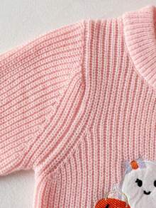 Girls Cute Ghost Embroidered Knit Pullover Sweater, Suitable For Halloween, Spring, Autumn, Winter - Pink - View 9