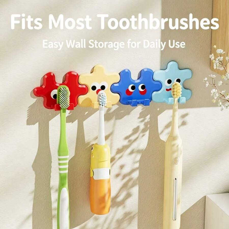 Cute Puzzle Toothbrush Holder Wall Hook, Self-Adhesive No-Drill Wall Mount Storage Rack, Multi-Function Cartoon Storage Rack, Suitable For Toothbrush, Towel, Hat, Mask, Bathroom Kitchen Entryway Home Decor - Multicolor - View 1