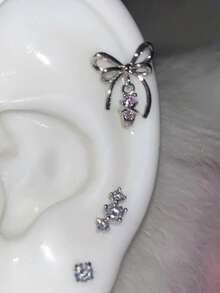 1pc Balletcore Bow Rhinestone Cartilage Ear Stud, Niche Silver Sweet Cool Earring For Women - Bow Earrings - View 1