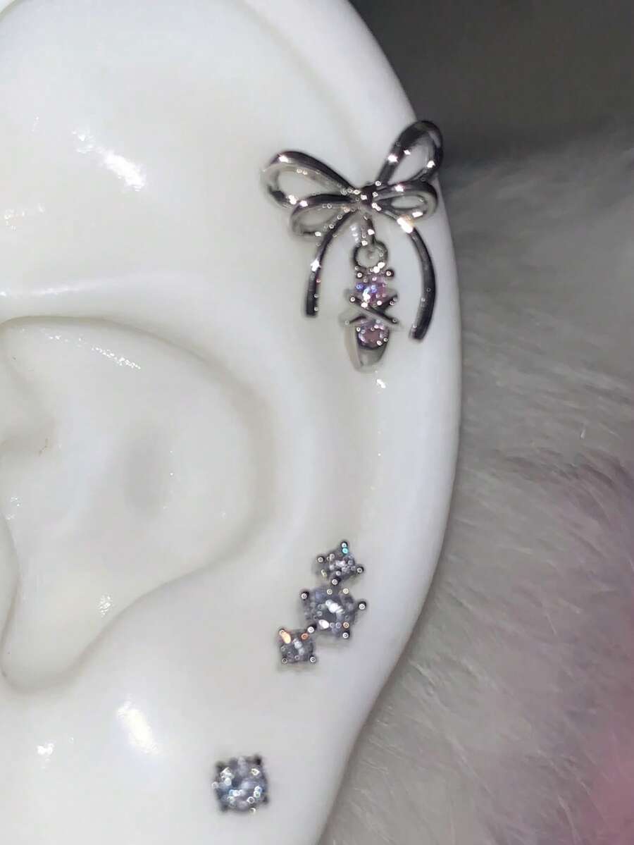 1pc Balletcore Bow Rhinestone Cartilage Ear Stud, Niche Silver Sweet Cool Earring For Women - Bow Earrings - View 1