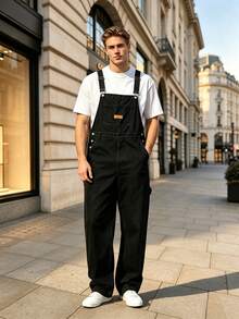 Men's Black Denim Dungarees Chest Pocket Multi Pocket Overalls - Black - View 9