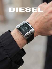 DIESEL DZ7113 男士復古未來風數位腕錶 大方型銀色金屬錶殼 LCD 螢幕 鬧鐘鈴聲 多功能休閒男錶 - 銀色 - 查看 3