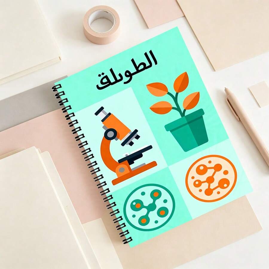 1 pieza Cuaderno con patrón de instrumento experimental de la asignatura de ciencias árabes, estilo de ciencia de dibujos animados con colores contrastantes, nota de aprendizaje en el aula, esencial para la vuelta a la escuela. - A - Ver 1