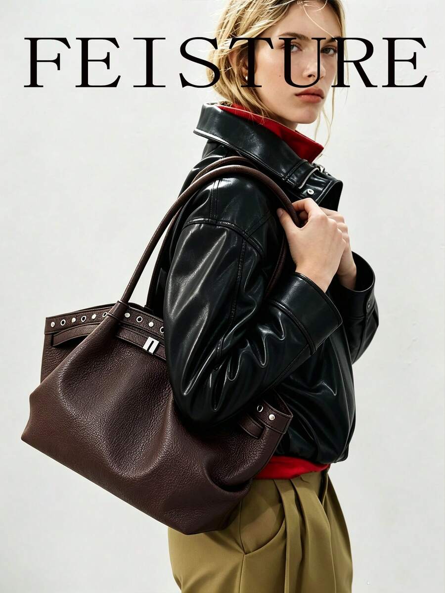 FEISTURE 1件大容量女款鉚釘裝飾單肩包，時尚托特包，適合女孩、女性、大學生、職場新人與白領上班族，完美適用於工作、商務、通勤、上學