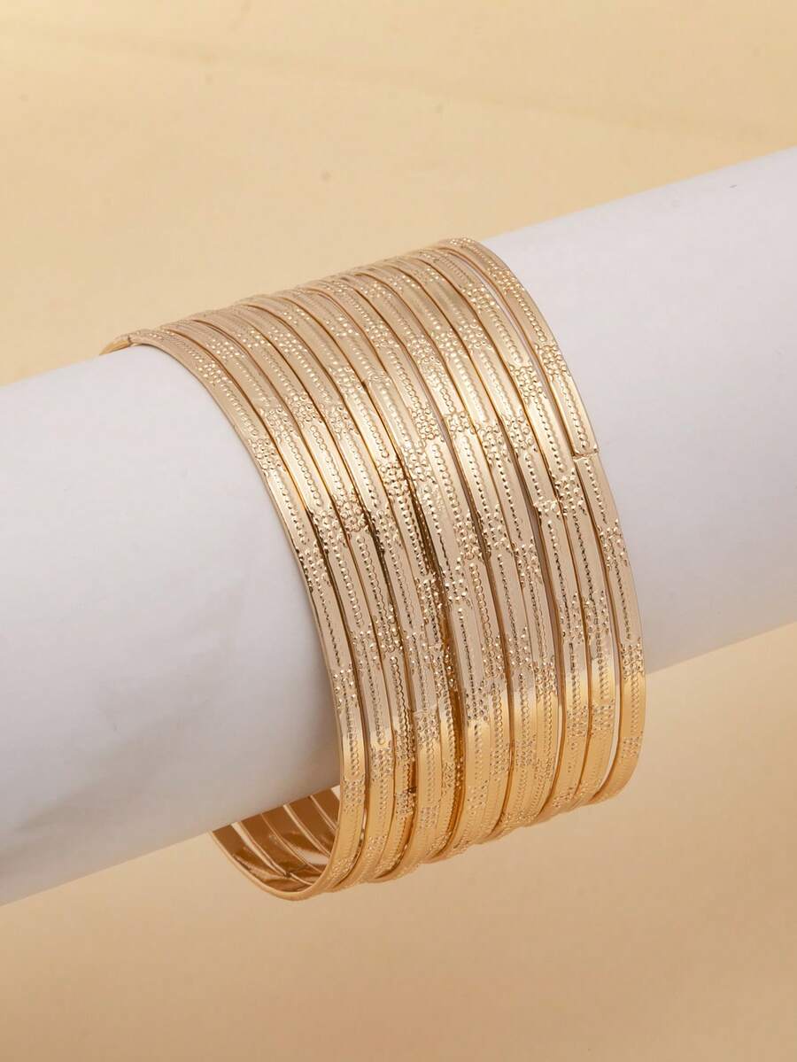 12 buah Gelang Tipis Berkilau Indah dengan Desain Unik, Elegan, dan Chic, Motif Bunga Terukir, Dapat Ditumpuk