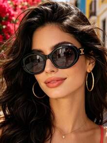 Celine Black Oval Frame Women's Sunglasses, UV Protection, Fashion Beach Summer Style - Black - View 2