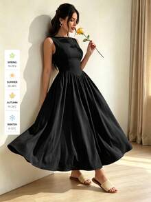 QIANZHIDU SUNSTORY Women's Autumn Black Boat Neck Sleeveless Cinched Waist A-Line Midi Dress, Suitable For Dates, Parties, Homecoming, Daily Wear - 黑色 - 查看 7