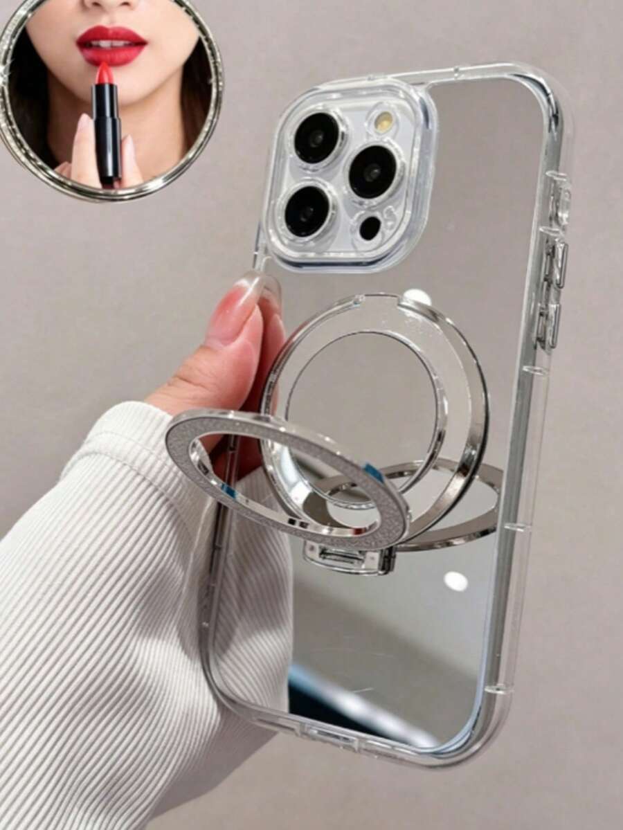 Minimalist Mirror Element Acrylic Mirror Phone Case With Magnetic Stand, Fashionable Creative Hard Shell, Suitable For IP17 Pro Max/17 Pro/17 Air/17/16 Pro Max/16/16 Pro/16 Plus/16e/15/15 Pro Max/15 Pro/15 Plus/11/12/13/14 Pro Max/XS/XR/11 Pro/11 Pro Max/12 Pro/12 Pro Max/13 Pro/13 Pro Max/7 Plus/14 Pro/14 Pro Max/14 Plus, Spring Gift, Birthday, Anniversary, Party - Silver - View 1