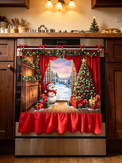 Christmas Oven Door Curtain, Snowman Christmas Tree Gift Winter Window Scene Print, Red Ruffle Trim Hanging Decor, Suitable For Kitchen, Holiday Party, Farmhouse Home Decor