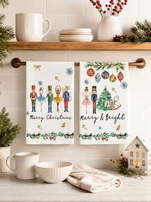 2pcs Christmas Nutcracker Ballet Girl Pattern Kitchen Towels, Dishcloths And Face Cloths, Christmas Tree And Snowball Print, Absorbent Cleaning And Drying Cloth, Holiday Kitchen And Dining Table Decor, Suitable For Kitchen, Dining Room And Bathroom - Green - View 6