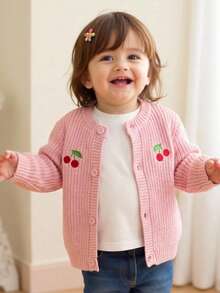Baby Girl Sweet Cute Solid Color Cherry Embroidery Round Neck Long Sleeve Button Cardigan Sweater Knit Jacket Suitable For Daily Casual School Holiday Spring Autumn Winter - Pink - View 3