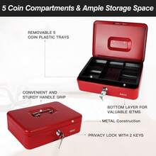 Eagle Cash Box With Money Tray, Lockable Cash Box, Money Box With Key Lock & Carrying Handle, Metal Box For Storing Money Notes And Receipts, Red - B - View 5