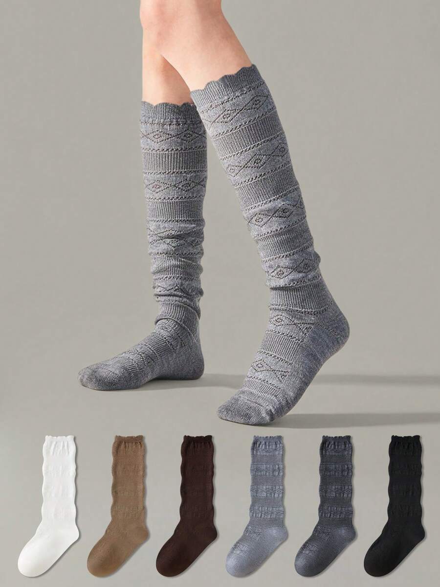 ZUJO 1 Pair Sweet Women's Hollow Lace Calf Socks, Slouchy Long Boot Socks, Preppy Style, Simple & Comfortable, Suitable For Spring, Autumn And Winter Wear - Multicolor - View 1