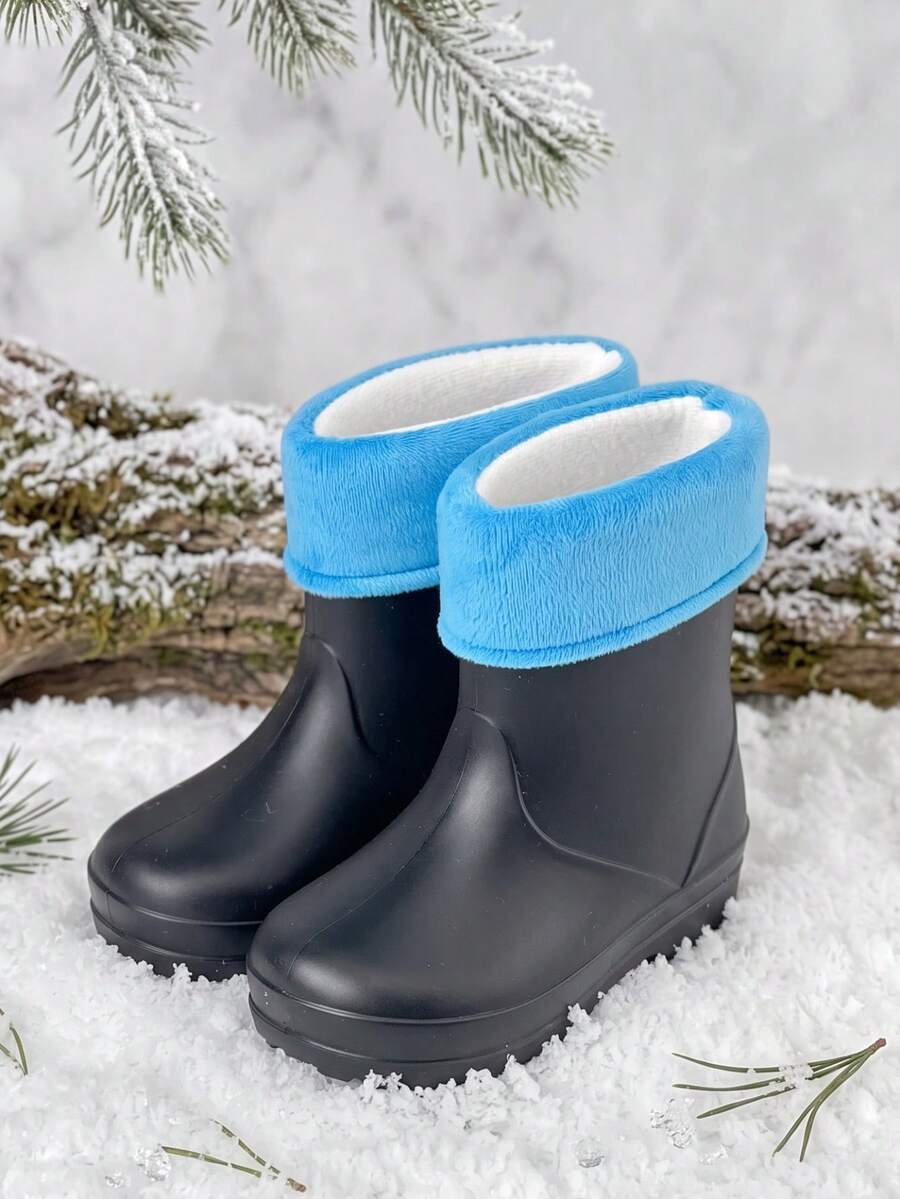 兒童黑色雪地靴,藍色人造毛飾邊保暖內裡冬季戶外靴 - 黑色 - 查看 1