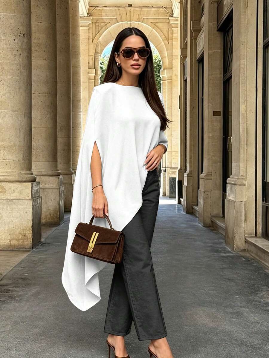 Women's New Fashionable Casual Solid Color Asymmetrical Round Neck Batwing Sleeve Tassel Hem Streetwear Versatile Top, Spring/Summer White - White - View 1