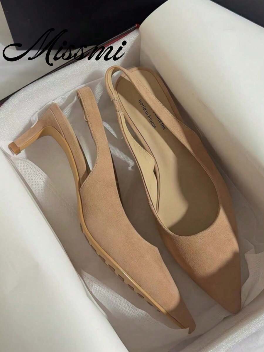 法式優雅尖頭蝴蝶結露背低鞋口高跟鞋女款，搭配裙裝，綁帶粗跟包頭涼鞋 - 卡其色 - 查看 1