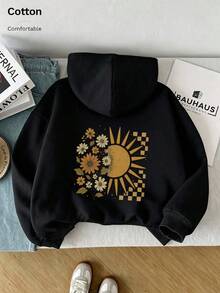 Oversized Women's Sweatshirt For Autumn And Winter, Long-Sleeve Hoodie With Pockets, Casual Top, Y2k Style, Daily Letter Slogan Graphic, Black Unisex - Black - View 4