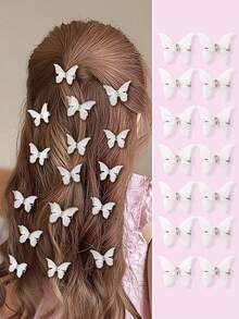 10pcs Kids Girls Double Layer Rhinestone Transparent Tulle Butterfly Small Hair Clips, Fairy Princess Cute Hair Accessories Headwear Hair Clips Bangs Clips Side Clips - White - View 6