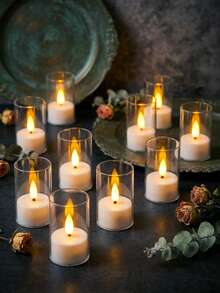 6/12/24pcs Set Flickering Flameless Candle Lights With Timer Remote Control, Battery Powered LED Mini Votive Candles, Suitable For Christmas, Halloween, Valentine's Day, Mother's Day, Dining Table, Room, Wedding, Party, Gift, Holiday - Transparent-warm Light - View 3