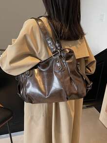 Women's Vintage Tote Bag, Rivet Decor Adjustable Dual‑Use Shoulder Crossbody Bag, Large Capacity Casual Handbag For Daily - Coffee - View 3