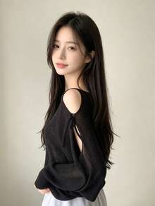 YCYC Korean Style Loose Sheer Shoulder Cutout Long Sleeve Knit Sweater Top With Dropped Shoulders Black Fall - Black - View 3
