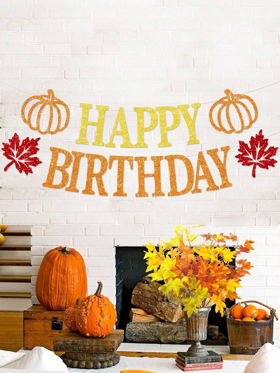 Pumpkin Happy Birthday Banner, Autumn Maple Leaf & Pumpkin Thanksgiving Birthday Party Decorations - Multicolor - View 1