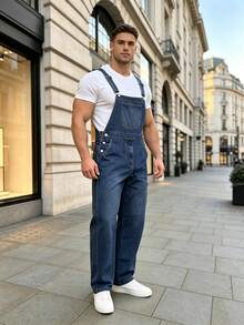Men's Dark Blue Denim Dungarees Adjustable Straps Work Overalls - Navy Blue - View 8