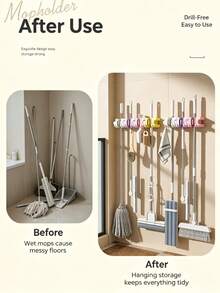 1pc Punch‑Free Mop Holder Wall Mount, Multifunctional Broom Organizer Rack For Bathroom Kitchen Home Storage,Bathroom Storage,Kitchen Accessories,Autumn Home Decor - Multicolor - View 9