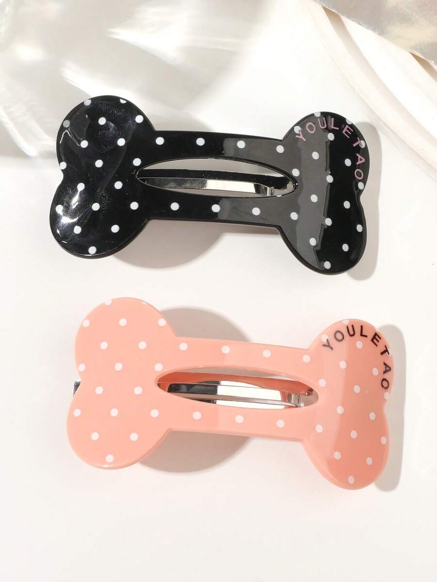 2pcs/Set Acetate Alloy Black & Pink Polka Dot Hair Clips, Gentle Korean Style Cute Bone Spring Clips, Sweet Cool Side Hair Clips For Flyaways - Multicolor - View 1
