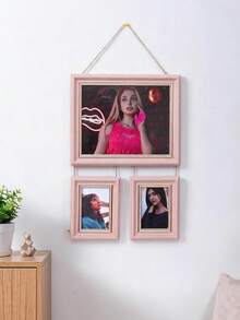 1pc Dual-Color Faux Wood 3-Piece Hanging Photo Frame Set, 10 Inch + 2pcs 5 Inch Rope Connected Wall Hanging Photo Frames, Home Photo Wall Decor - Multi-color - View 2
