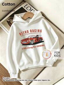 Kids Hooded Sweatshirt, Vintage Racing Style Red Racing Letter Print Thick Fleece Lined Pullover - White - View 1