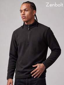 Zenbolt Men Half‑Zip Stand Collar Fleece Pullover, Soft Long Sleeve Relaxed Fit Casual Top For Daily Wear - Black - View 4