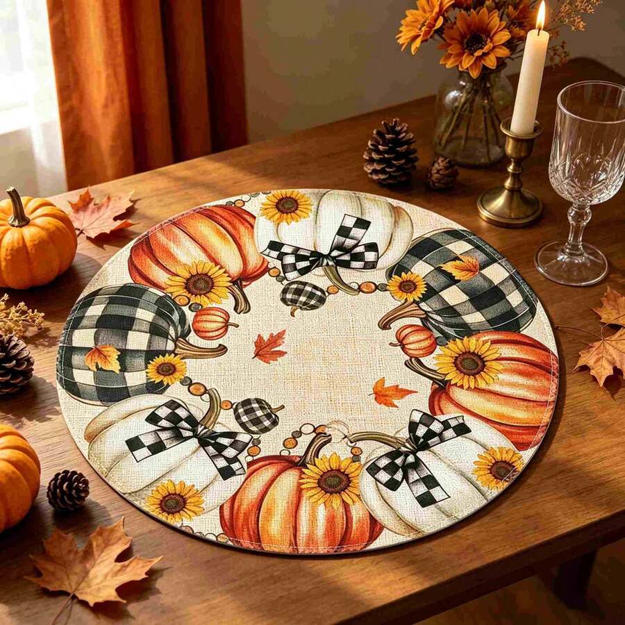 1/4/6pcs Autumn Collection Plaid Bow Pumpkin Wreath Hand-Painted Pattern Placemats, Made Of Polyester Fiber, Suitable For Home Kitchen, Kitchen Table Decoration And Party Scene Decoration - Multicolor - View 1