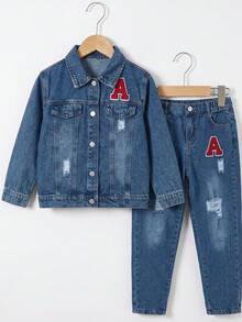 2pcs Tween Boys Autumn/Winter Vintage Street Style A-Embroidered Denim Jacket With Simple Slim Fit Distressed Jeans, Suitable For Outdoor Street Fashion - Dark Wash - View 1