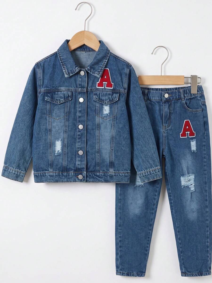 2pcs Tween Boys Autumn/Winter Vintage Street Style A-Embroidered Denim Jacket With Simple Slim Fit Distressed Jeans, Suitable For Outdoor Street Fashion - Dark Wash - View 1