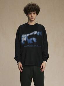 Tiny Spark Dark Streetwear Black Tee Shirt Long Sleeve Blurry Letters Graphic Graffiti Spray - Black - View 4