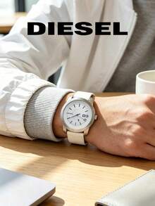 DIESEL DZ5272 Men Minimal Quartz Watch Clean White‑Tone Dial Silver Metal Shell Stitched Decor Strap 3BAR Casual Gift Watch For Men - Green - View 3