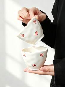 1/2pcs Red Bow Ceramic Tea Cups, Wavy Ruched Texture Coffee Mugs, Cute Girl Style Handheld Cups, Small Ceramic Tea Cups For Home, Gift For Friends - Multicolor - View 7