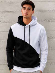 Men's Color Block Sweatshirt With Thermal Lined For Autumn/Winter - Black and White - View 3
