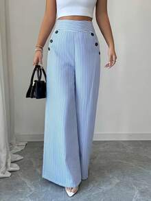Plus Size Women's Elegant Striped Wide Leg Pants, High Waist Straight Leg Loose Casual Long Pants - Blue - View 3