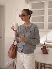 Women's Heart Embroidered Long Sleeve Single-Breasted Knit Cardigan, Autumn/Winter - Grey - View 9