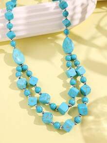 1pc New Double-Layer Multi-Shape Turquoise Beaded Handmade Necklace, Relaxed Bohemian Women's Neck Accessory, Suitable For Island Beach Vacation And Daily Wear - Multicolor - View 2
