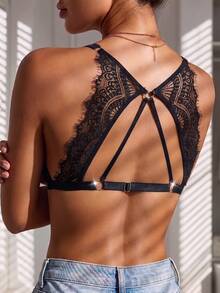 Women's Fashion Deep V Eyelash Lace Bra With Front Tie Lace Patchwork Backless Wire-Free Lingerie - Black - View 2