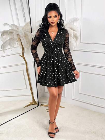 AIJ Women's Polka Dot Print Mini Dress, Black Lace Mesh Sheer Long Sleeve V-Neck Slim Fit Waist A-Line Skirt, Casual Elegant Outing Party Dress, Autumn